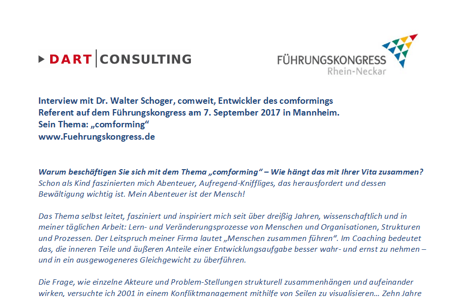 Du betrachtest gerade Interview mit Walter Schoger, Referent auf dem Führungskongress am 07.09.2017 in Mannheim zum „comforming“